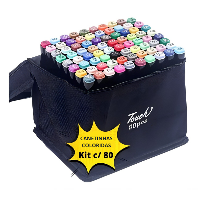 Conjunto de Caneta Colorida Ponta Dupla 80Pçs com Estojo (Versão Pretas ou Brancas)