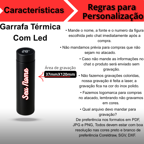 Personalizado - Garrafa Térmica com LED e Termômetro (500ml) - Amarelo